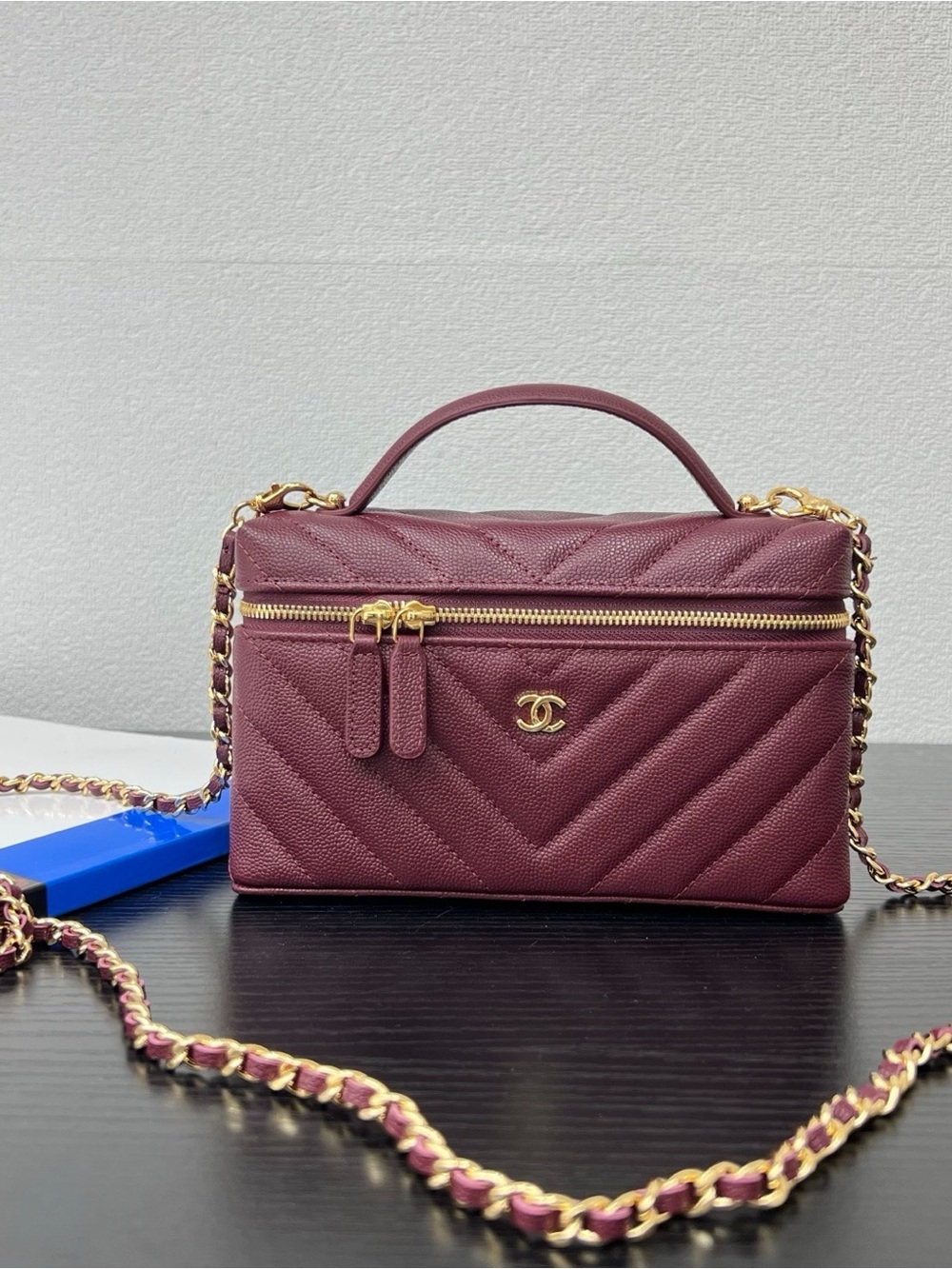 Quilted Burgundy Leather Shoulder Bag with Gold Chain